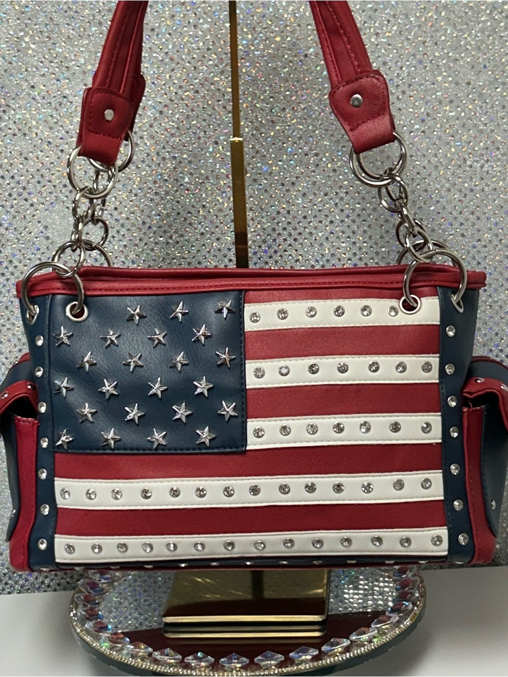 Patriotic Red, White & Blue Shoulder Bag with Star Studs Approx. 13 x 8 x 4.5